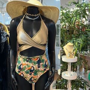 Tropical Print Gold One-Piece Swimsuit